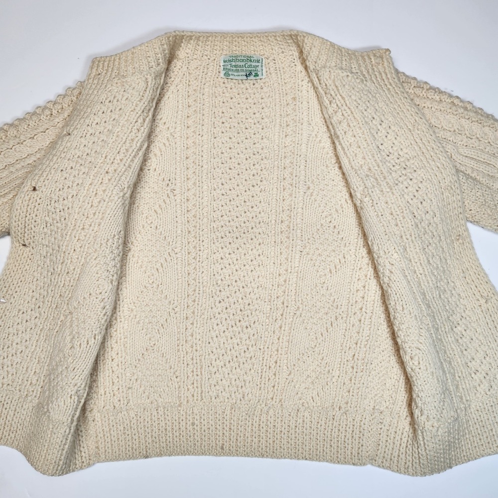Vintage 1990s Irish Aran Wool Cardigan Teresa's Cottage Donegal Small Cable Knit - Picture 3 of 8
